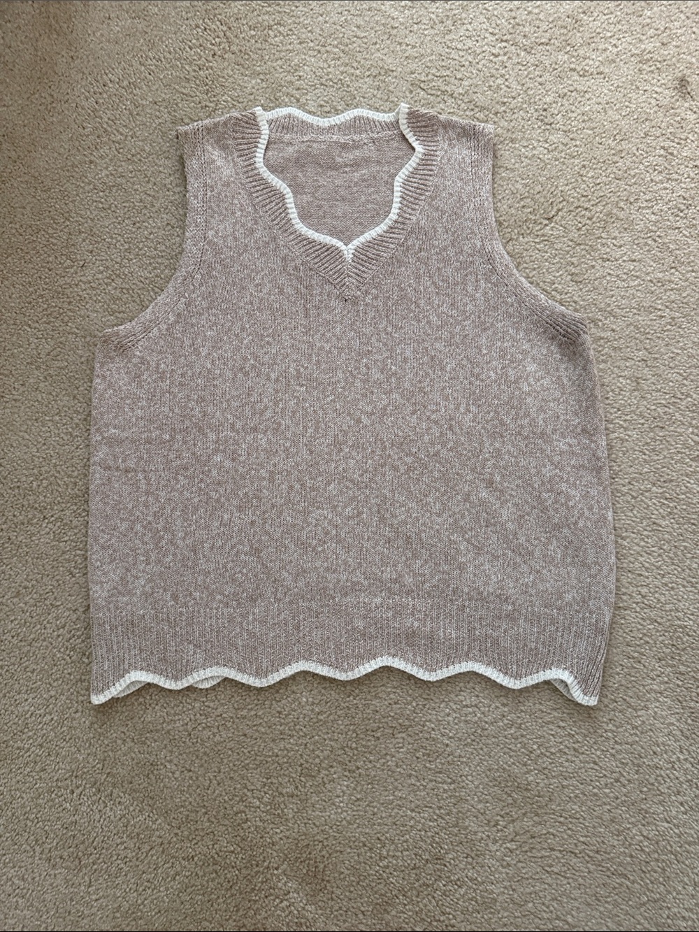 SHEIN Taupe V-Neck Knit Sweater Vest with White Scalloped Trim